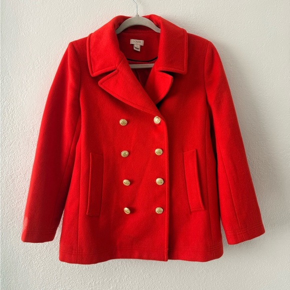 J. Crew Bold Holiday Red Wool Blend Double Breasted Coat Size 8 Petite - Picture 2 of 10